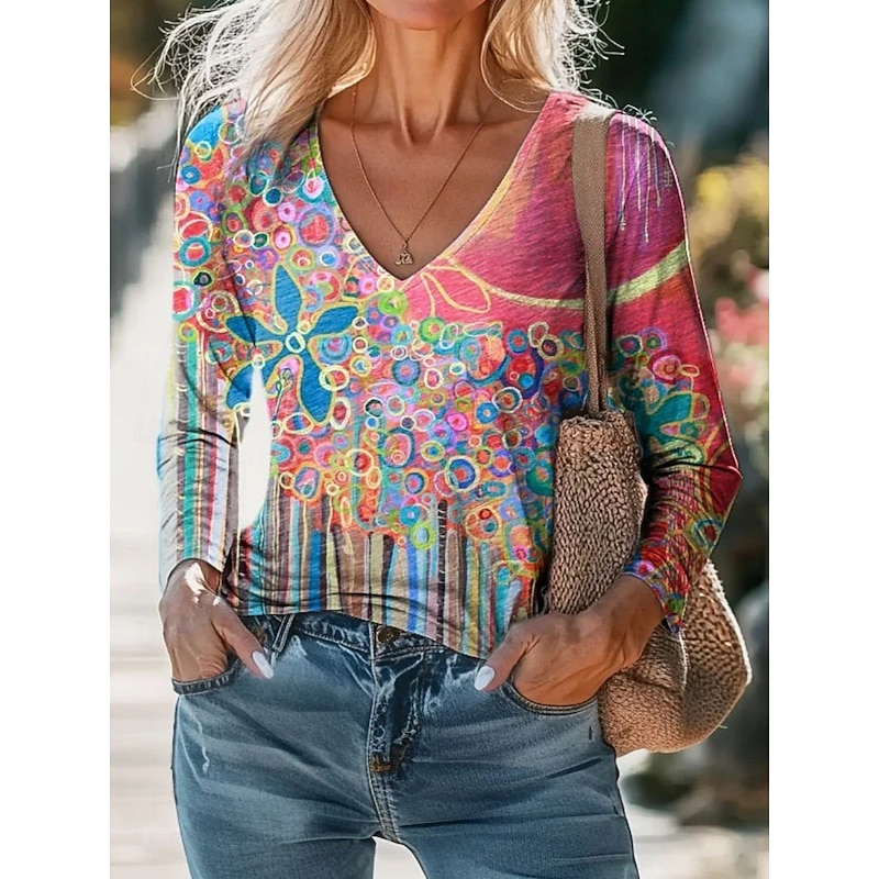 Women's Blouse Floral Daily Stylish Long Sleeve V Neck Regular Tops Daily Holiday Print Navy Blue Royal Blue Blue Purple Fuchsia Summer Spring Fall3