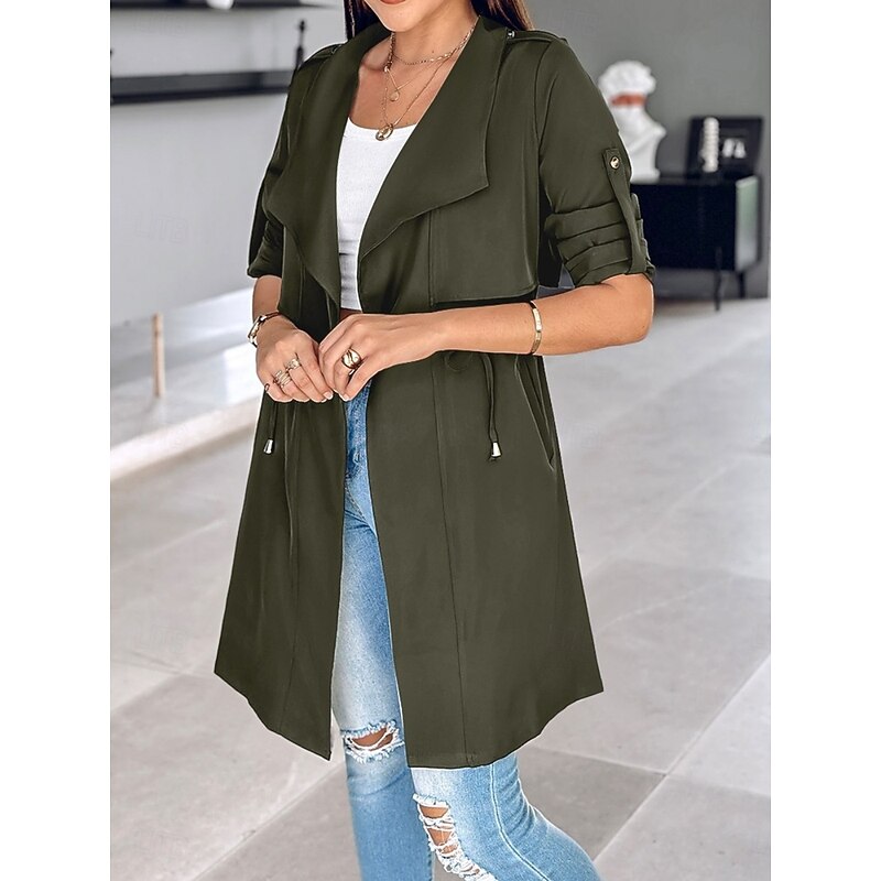 Women's Casual Jacket Comfortable Breathable Pocket Fashion Casual Plain Vacation Street Casual Daily Wear Open Front Regular Turndown Regular Fit Long Sleeve Outerwear Black Khaki Army Green Summer2