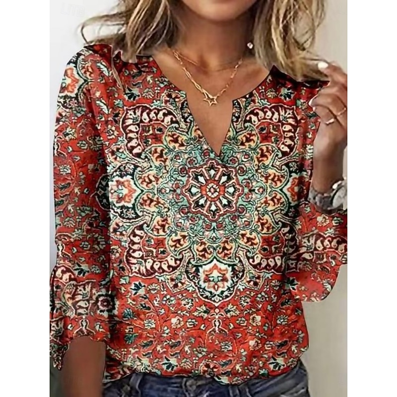 Women's Blouse Floral Retro Vintage Ethnic 3/4 Length Sleeve V Neck Regular Tops Daily Holiday Print Red Summer Spring Fall