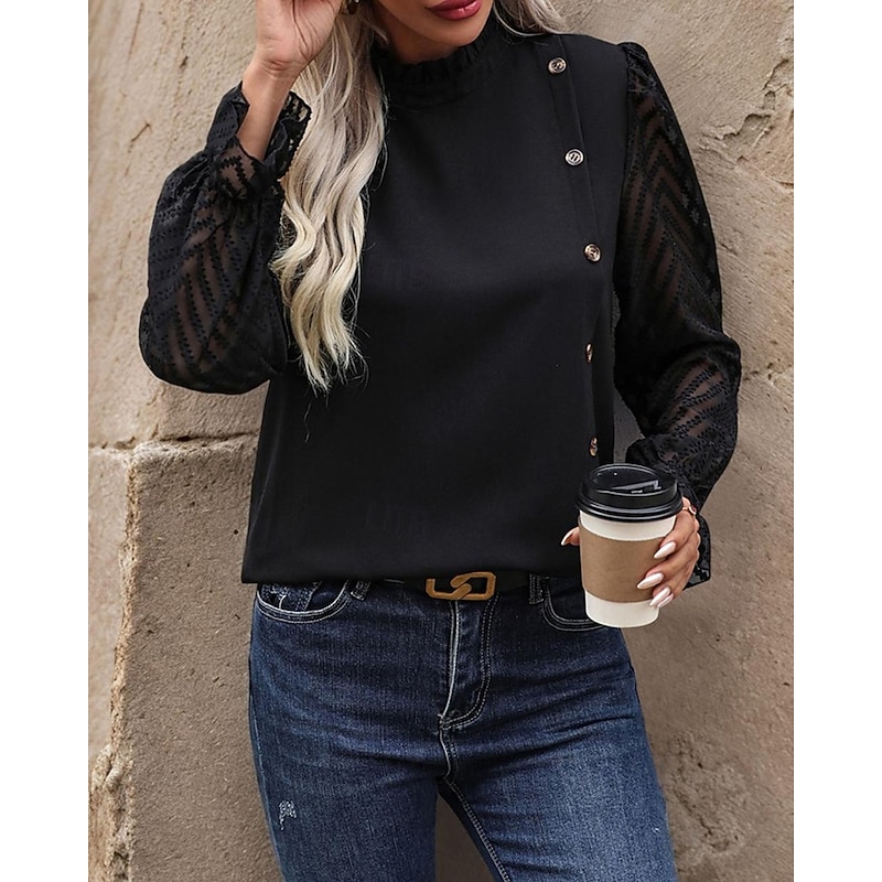 Women's Shirt Texture Blouse Plain Stylish Modern Long Sleeve High Neck Regular Tops Daily Going out Buttons Mesh Black Spring Fall