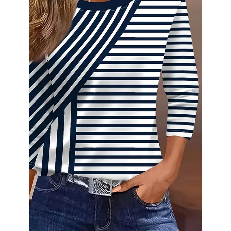 Women's T shirt Crew Neck Long Sleeve Tunic Graphic Geometric Striped Vintage Stylish  Round Neck Regular Tops Daily Print Navy Blue Fall3