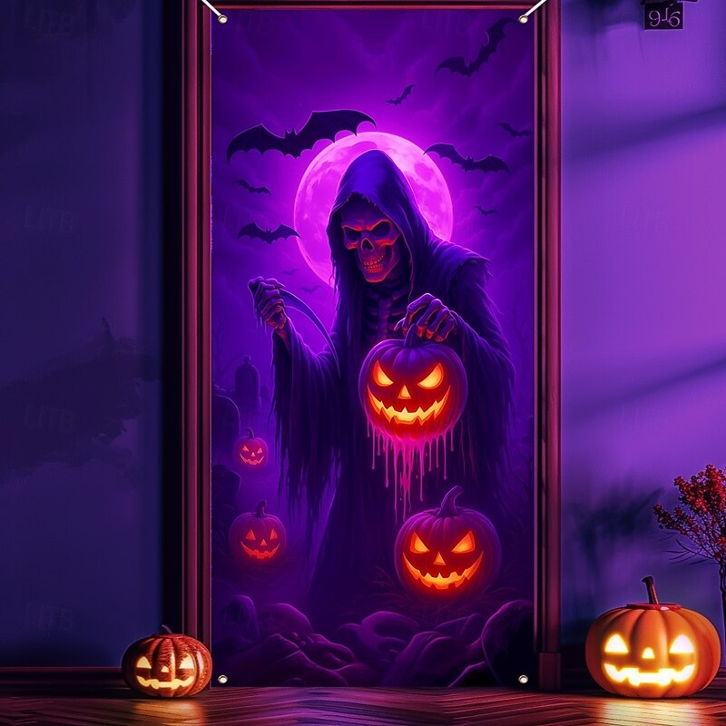 Halloween Door Cover Neon Grim Reaper with Pumpkins Banner, Glowing Blacklight Entrance Decoration for Outdoor & Indoor 2025 Halloween Bedroom, Living Room, Bathroom