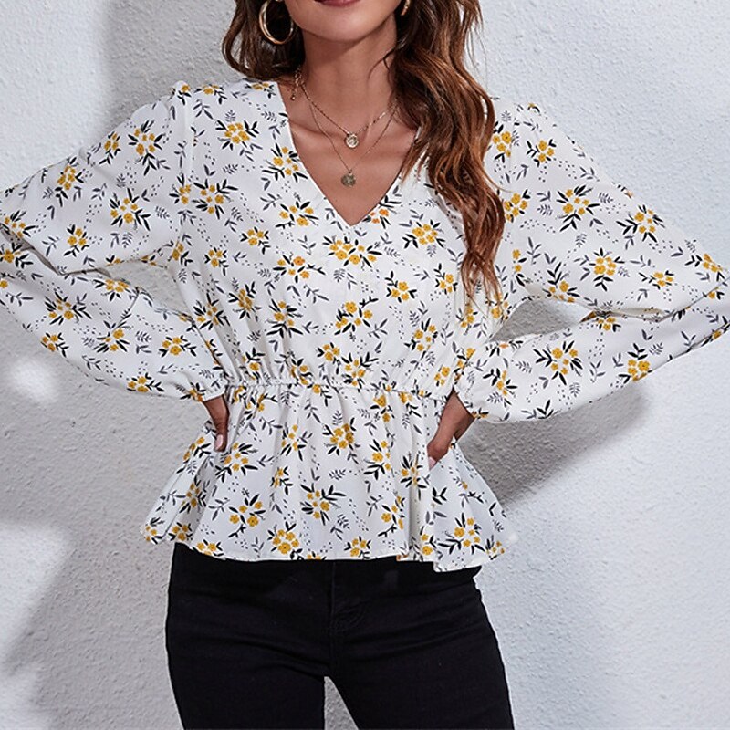 Women's Summer Tops Floral Daily Stylish Basic Long Sleeve Lantern Sleeve V Neck Regular Tops Work Daily Holiday Print White Summer Spring