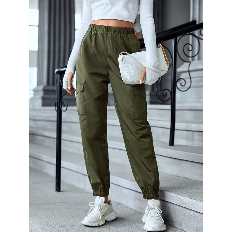 Women's Cargo Pants Slacks Fashion Streetwear Full Length Natural Plain Pocket Elastic Waist Comfy Outdoor Comfortable Street Going out Wine Black Pink Blue Summer Regular Fit2