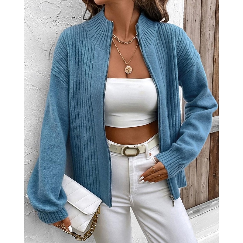 Women's Sweater Cardigan Fashion Streetwear Daily Solid Color Ribbed Stand Collar Zipper Knitted Long Sleeve Regular Tops Knit Holiday Going out Weekend Blue Fall Winter4