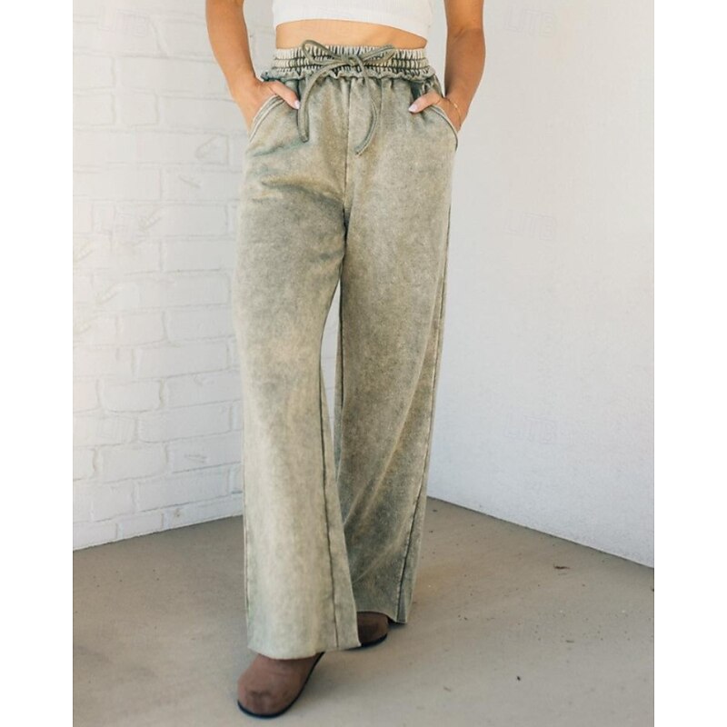 Women's Wide Leg Slacks Streetwear Casual Full Length Natural Plain Pocket Elastic Drawstring Design Soft Holiday Daily Wear Weekend Apricot Black Green Khaki Fall Regular Fit4