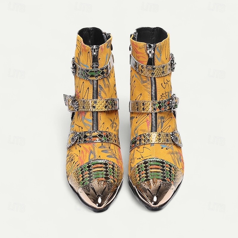 Men's Multi-Colored Snake Print Boots - Unique Design Cowhide Boots for Stylish Men - Great for Fashionable Night Outs, Parties and Trendy Events4