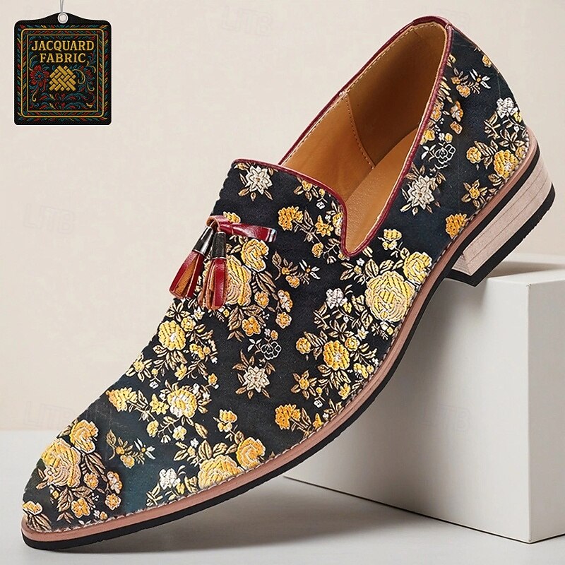 Men's Jacquard Loafers with Floral Pattern Tassels for Wedding, Banquet and Formal Events