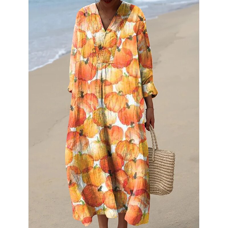 Halloween Women's Pumpkin Print Midi Dress V Neck Long Sleeve Kaftan Lightweight Loose Fit A Line Dress Casual Boho Party Going out Loose Fit Graphic Long Sleeve V Neck Orange off-white Grey Fall2