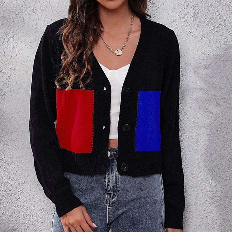 Women's Pullover Casual Color Block Chunky V Neck Knitted Long Sleeve Crop Tops Knit Daily Holiday Going out Pink Blue Fall Winter2