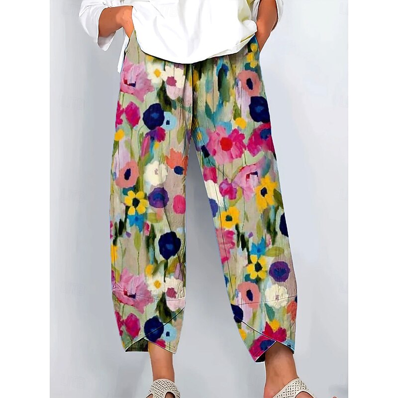 Women's Wide Leg Chinos Baggy Pants Vintage Basic Casual Ankle-Length High Waist Floral Graphic Leopard Drawstring Patchwork Printing Breathable Inelastic Outdoor Vacation Street Navy Light