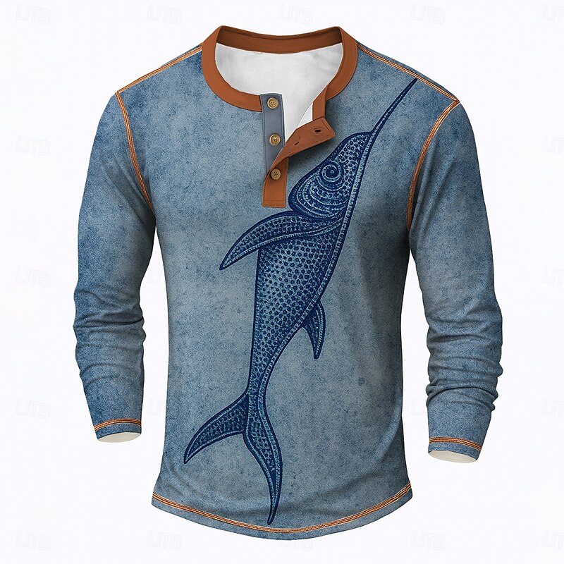 Men's Graphic Fish Henley Shirt Tee Long Sleeve Vintage Fashion Designer Outdoor Casual Daily Spring &  Fall Blue Brown Green Henley Henley T-Shirt2