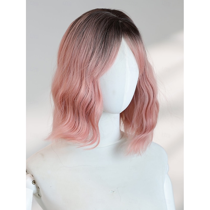 12‑Inch Gradient Pink Wavy Wig for Women – Full Bangs, Short Synthetic Hairpiece, Perfect for Halloween Cosplay & Party Looks3