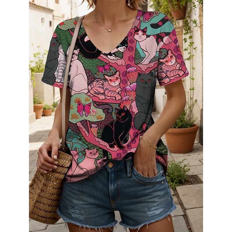 Women's T Shirt Graphic Animal Cat Vintage Stylish Classic Short Sleeve V Neck Regular Tops Daily Print Yellow Pink Blue Purple Orange Summer Spring4