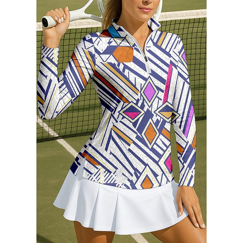 Women's Geometric Sport Shirt Golf Polo Shirt Tennis Shirt Tennis Tee Long Sleeve Zipper Floral UPF50+ UV Resistant High Elasticity Moisture Wicking Breathable Tennis Golf Pickleball Stand Collar Zip3