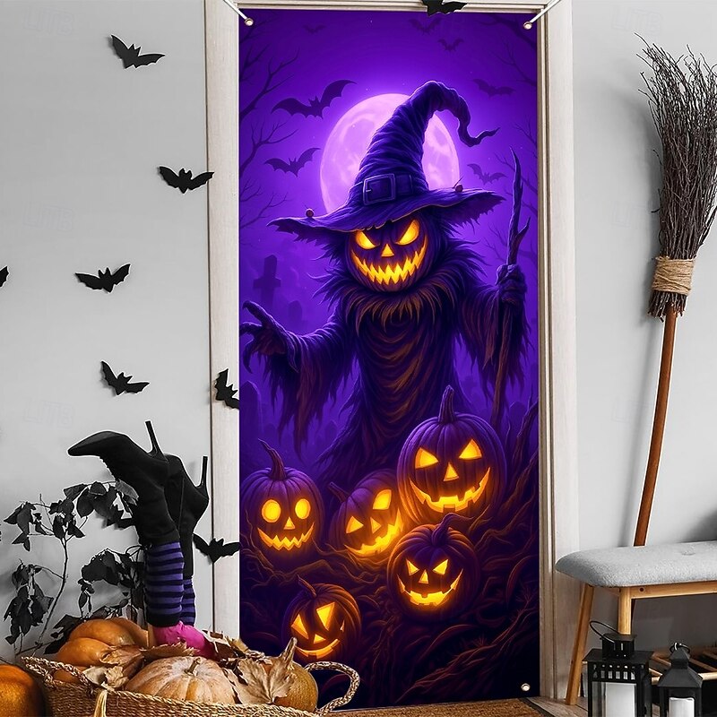 Halloween Door Cover Neon Pumpkin Face through Window Banner, Glowing Blacklight Entrance Decoration for Outdoor & Indoor 2025 Halloween Bedroom, Living Room, Bathroom3