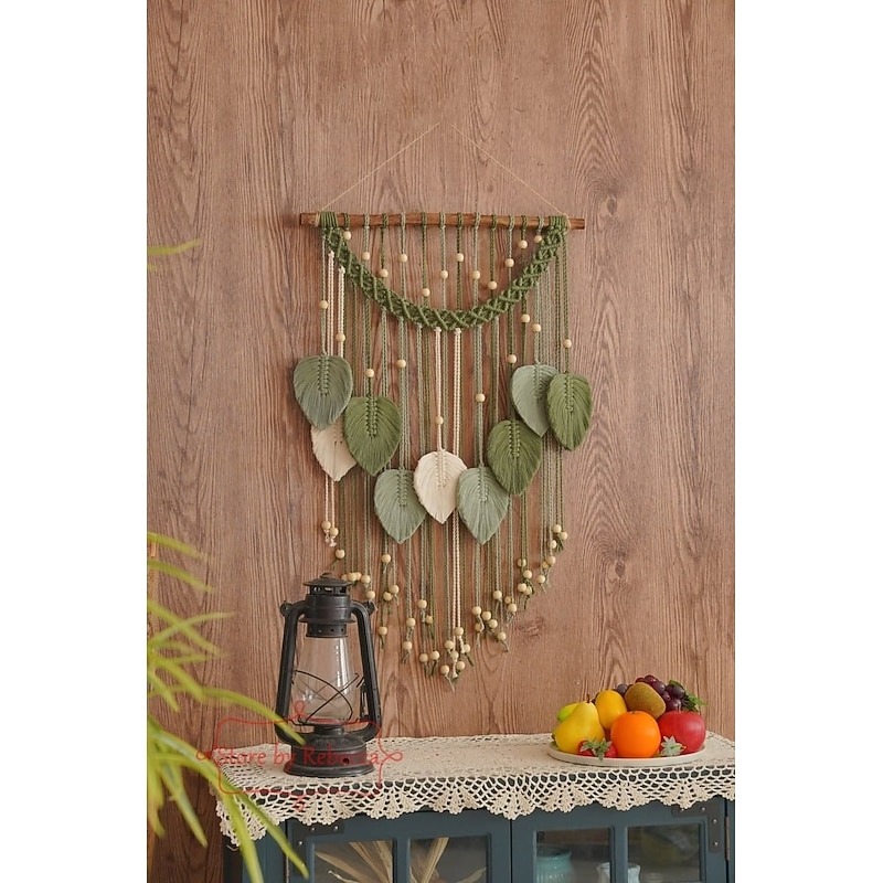 Wall Hanging Handwoven Leaf Tapestry Bohemian Style Tassel Feather Design Decorative Boho Wall Decor for Living Room Bedroom and Office2