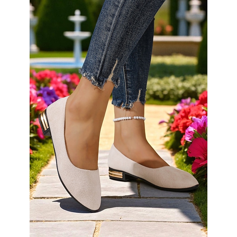 Women's White Textured Ballet Flats – Round Toe Slip-On Casual Shoes with Gold Heel Accent for Ladies, Perfect for Daily Commute, Garden Strolls, or Weekend Outings2