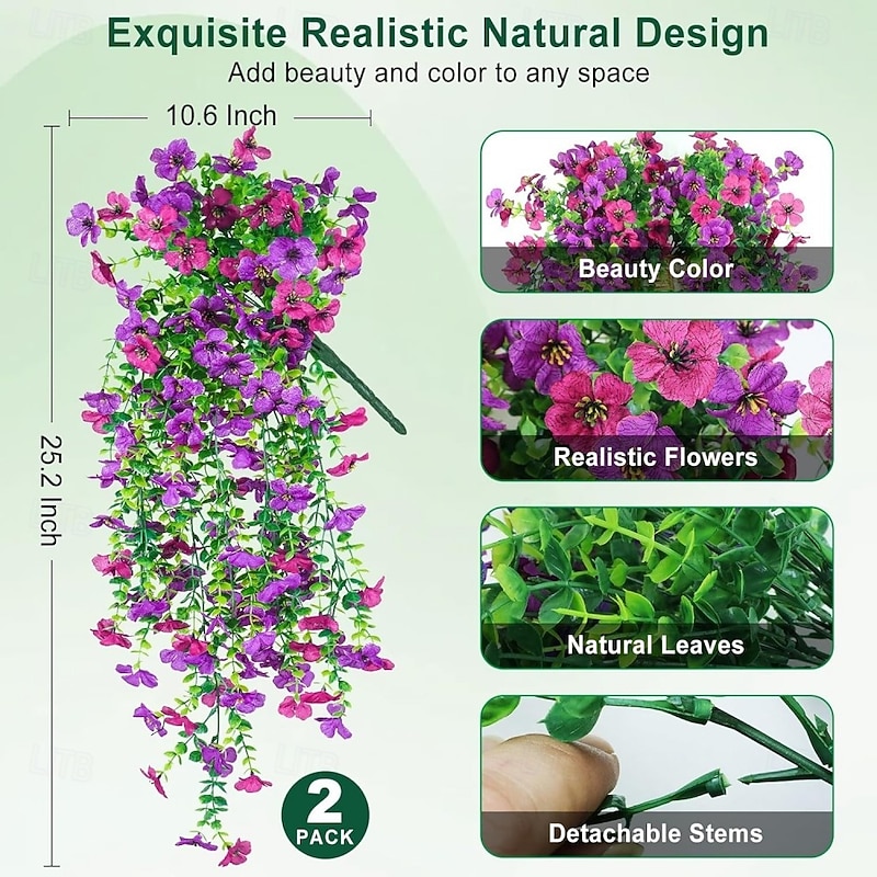 2 Pack Artificial Hanging Flowers for Outdoors Decorations, Fake Hanging Flowers, UV Resistant Artificial Hanging Plants Outdoors for Home Porch Patio Balcony Baskets Yard3