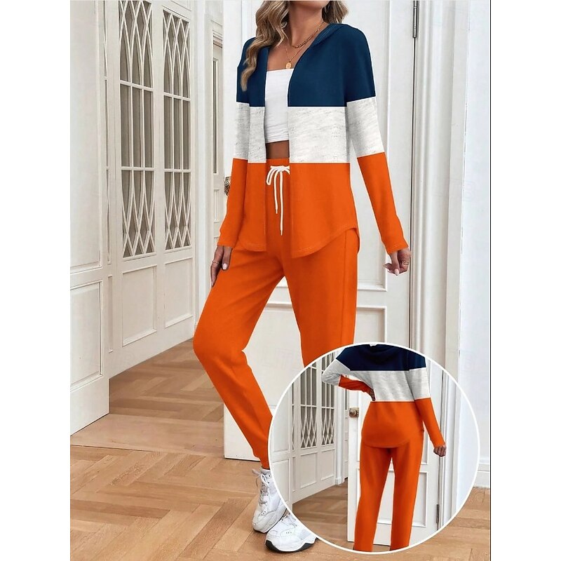 Women's 2 Pieces Hoodie Tracksuits Pants Sets Long Sleeve Active Daily Hooded Graphic Geometric Gradient Drawstring Print Outdoor Casual Orange Spring Regular Fit