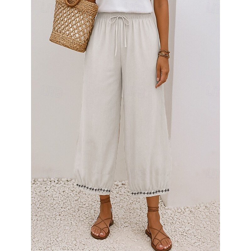 Women's Cotton Chinos Vintage Basic Full Length High Waist Plain Pocket Drawstring Comfort Outdoor Stretchy Vacation Street Causal White Yellow Khaki Beige Summer Spring Fall Loose Fit4