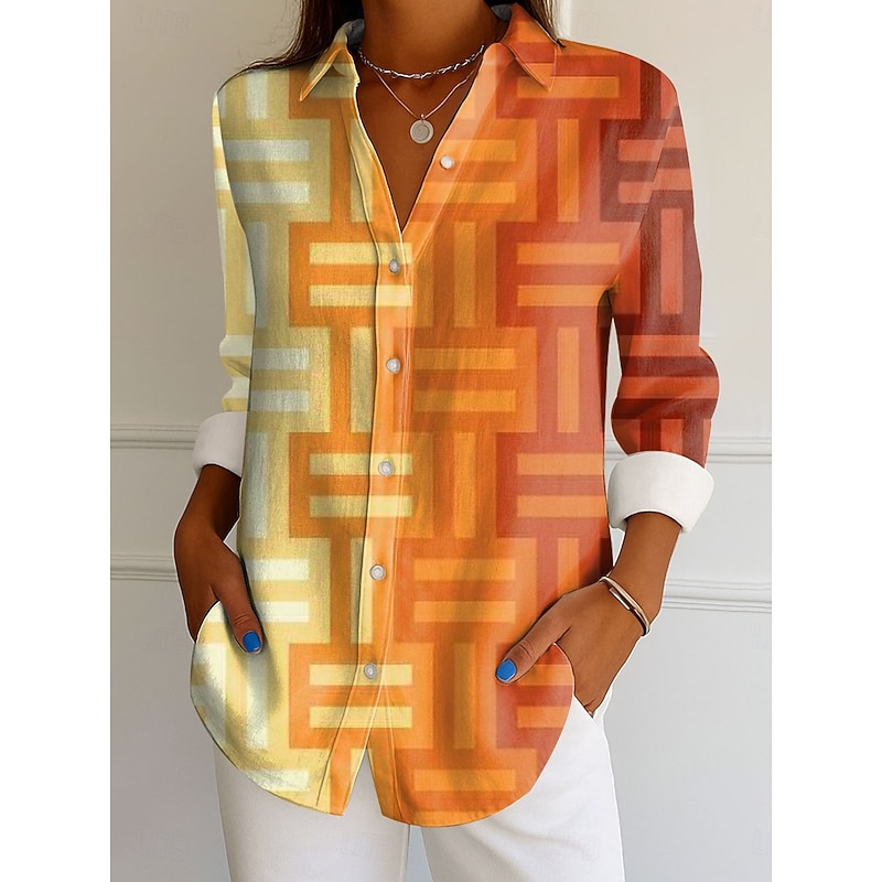 Women's Shirt Button Down Tunic Shirt Collar Long Sleeve Graphic Geometric Striped Vintage Tropical Daily Regular Tops Work Daily s Print Blue Purple Orange Brown Spring