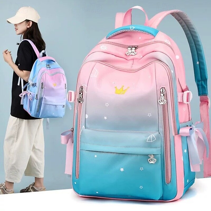 Girls Gradient Princess Backpack – Cute Waterproof School Bag with Crown Zippers and Star Print, Lightweight Bookbag for Elementary and Middle School