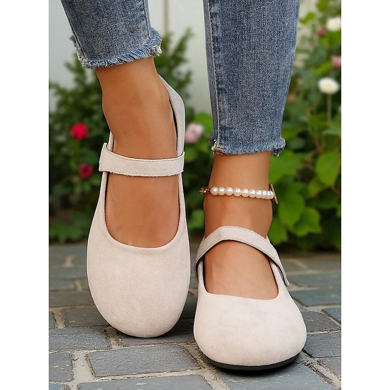 Women's Beige Wide Toe Mary Jane Flats – Soft Faux Suede Comfort Shoes for Casual Outings, Garden Strolls and Daily Wear2