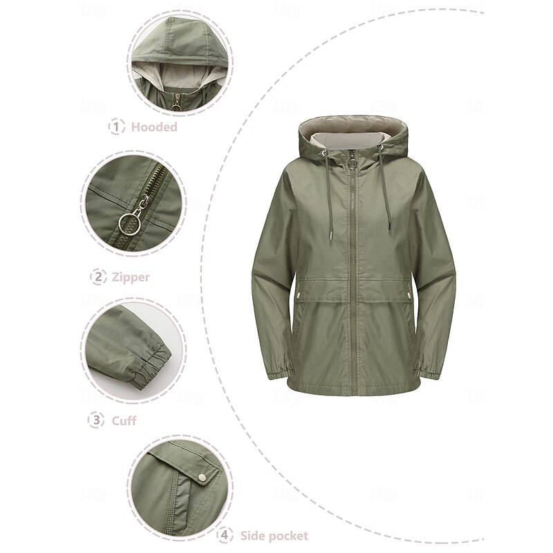 Women's Coat Comfortable Full Zip Fashion Street Style Plain Outdoor Casual Daily Regular Hooded Regular Fit Long Sleeve Outerwear Black Yellow Burgundy Spring Fall2