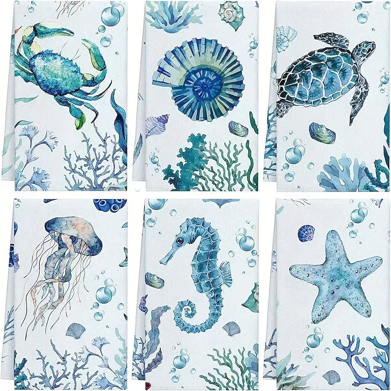 6PCS Sea Turtle and Ocean Animal Kitchen Towels Set, Ultra Soft Absorbent Microfiber Dishcloths for Cooking, Baking, and Cleaning, Decorative Kitchen Towels for Home Decor