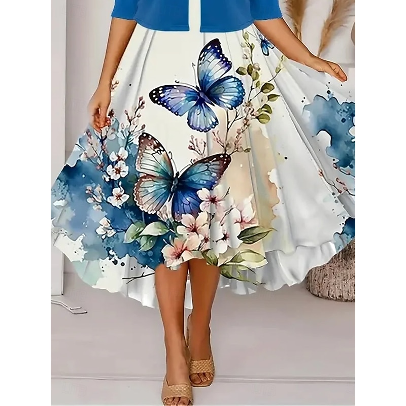 Women's Two Piece Dress Sets Midi Dress with Jacket Elegant A Line Dress Half Sleeve Casual Semi Formal Floral Graphic Print Short Sleeve Crew Neck Date Sky Blue Regular Fit3