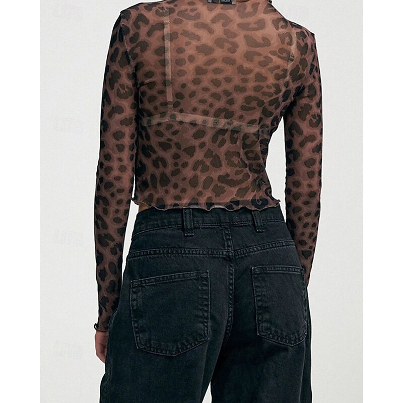 Women's T Shirt Leopard Fashion Modern Long Sleeve Crew Neck Regular Tops Daily Mesh Maroon Light Brown Brown Summer3
