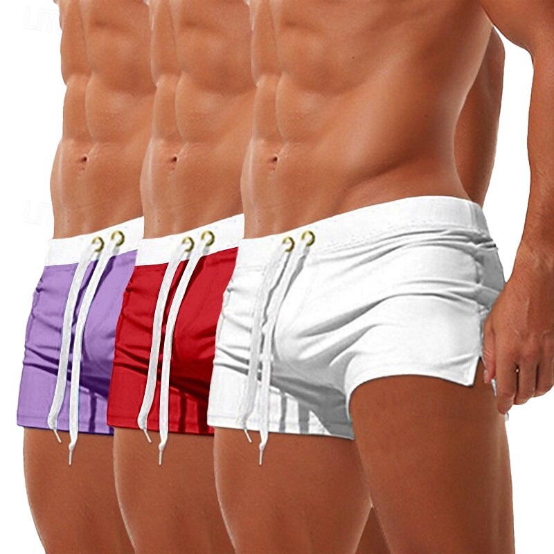 3Pcs Men's Swim Trunks Swim Shorts Board Swim Briefs Elastic Waist Drawstring Zipper Pocket Solid Color Quick Dry Breathable Short Casual Daily Beach Fashion Classic Style Black Micro-elastic4