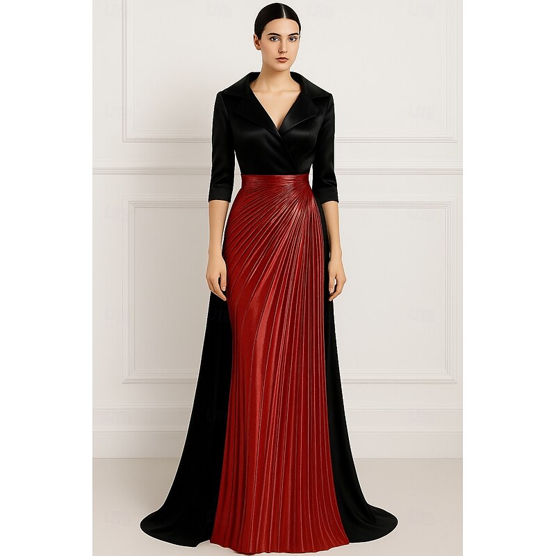 Black Gold A-Line Evening Gown Elegant Dress Formal Wedding Floor Length Long Sleeve LapelMother Of the Bride Dress Satin with Glitter Pleats4