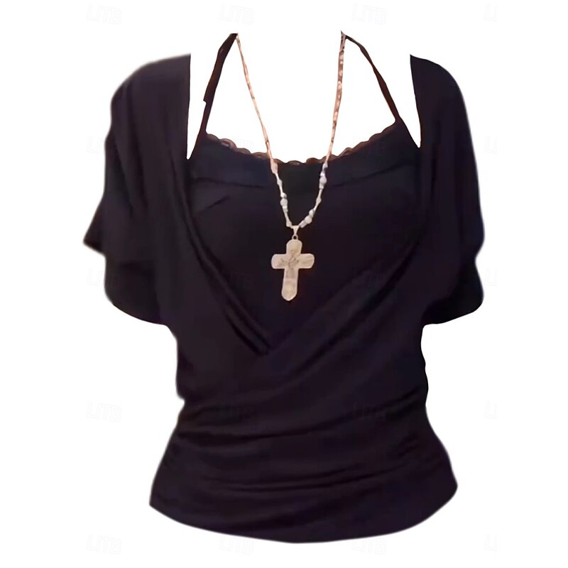 Women's Lace Shirt Solid Color Stylish Modern Short Sleeve Halter Neck Regular Tops Daily Holiday Lace Patchwork Black Navy Blue Purple Summer4