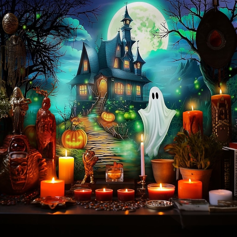 Halloween Haunted House Ghost Pumpkin Wall Tapestry – Spooky Full Moon Night Wall Hanging Background for Party, Bedroom, Living Room,  2025 Halloween Home Decoration4