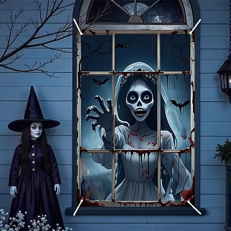 Halloween Window Curtain Creepy Skeleton Peeking Through Window, Scary , Scary Door Cover, Window cover,  Wall Tapestry for 2025 Halloween Haunted House Spooky Home Decoration4