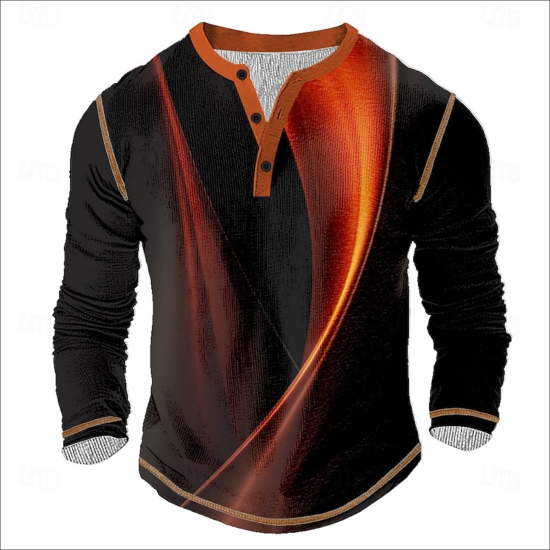 Men's Geometric Abstract Henley Shirt Waffle T Shirt Long Sleeve Vintage Daily Retro Vintage Sports Outdoor Casual Holiday Spring & Summer All Seasons Orange Henley Henley T-Shirt