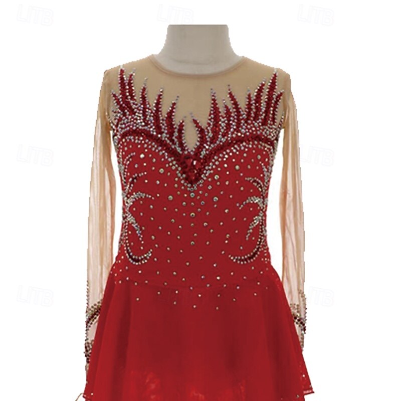 Figure Skating Dress Women's Girls' Ice Skating Dress Patchwork Thumbhole Mesh Spandex Stretchy Training Practice Professional Skating Wear Thermal Warm Crystal / Rhinestone Long Sleeve Ice Skating3