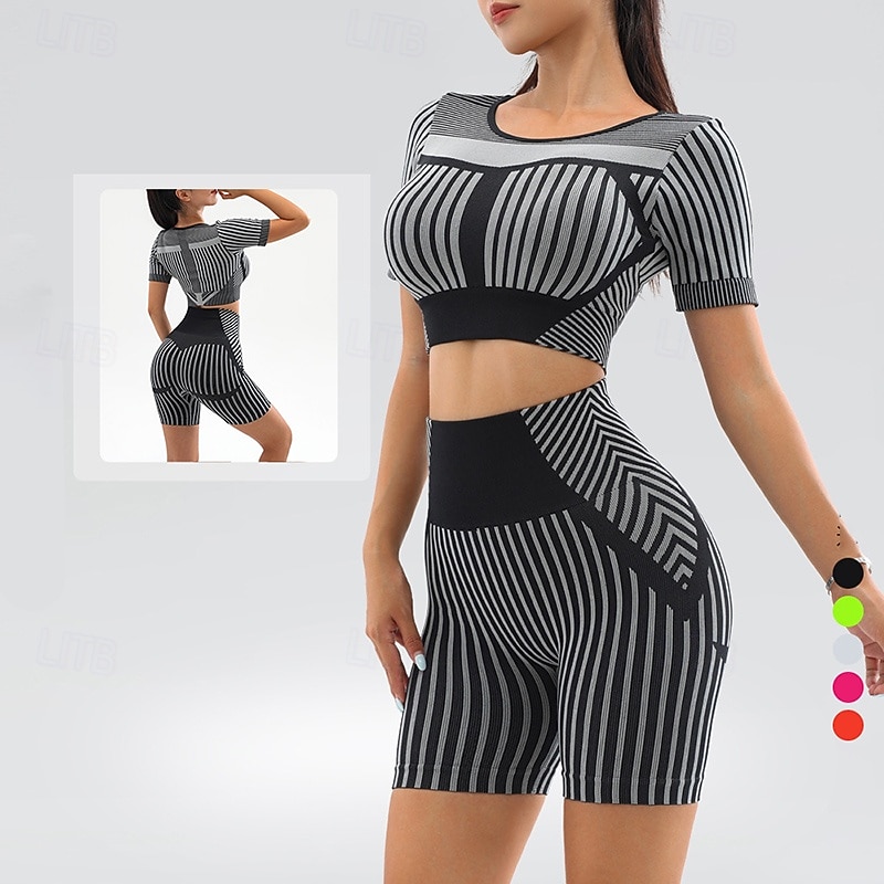 Women's 2 Pieces Scrunch Yoga Romper Workout Jumpsuits Shorts and Crop Top Stripes Clothing Suit Black White Gym Workout Volleyball Running High Waist Stretchy Breathable Sport Activewear Tight Fit2