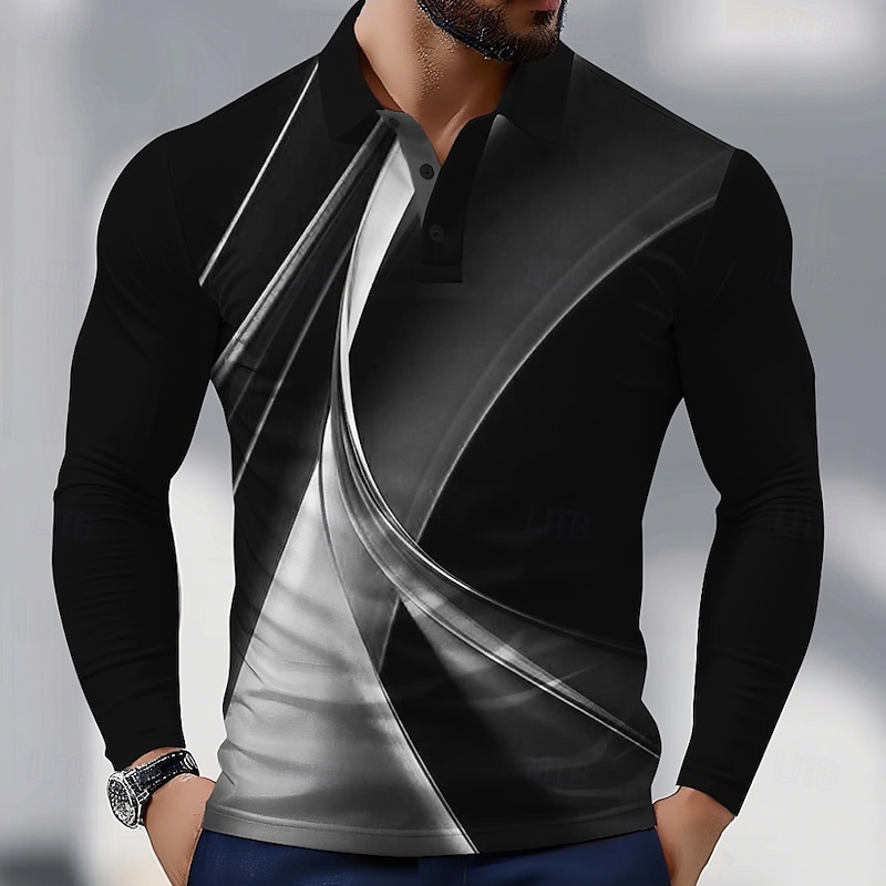 Men's Geometric Line Polo Long Sleeve Polo Shirts Collared Shirts Business Casual Athleisure Daily Wear 3D Print Spring Fall White Blue Green3