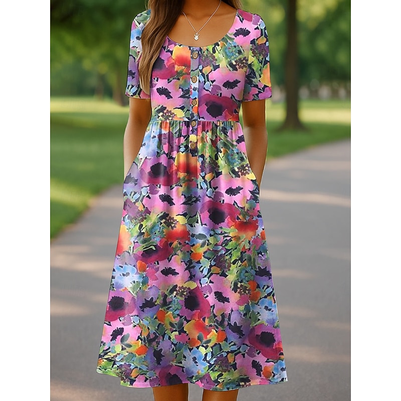 Women's Midi Dress Casual Dress Sundress A Line Dress Summer Dress Vacation Casual Beach Holiday Regular Fit Floral Graphic Short Sleeve Crew Neck White Pink Purple Green Summer Spring4