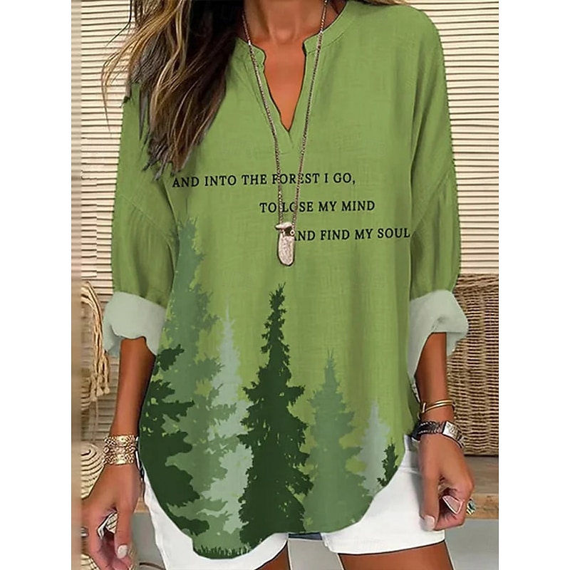 Women's Shirt Tree Letter Daily Casual Long Sleeve V Neck Regular Tops Daily Holiday Buttons Print White Green Spring Fall