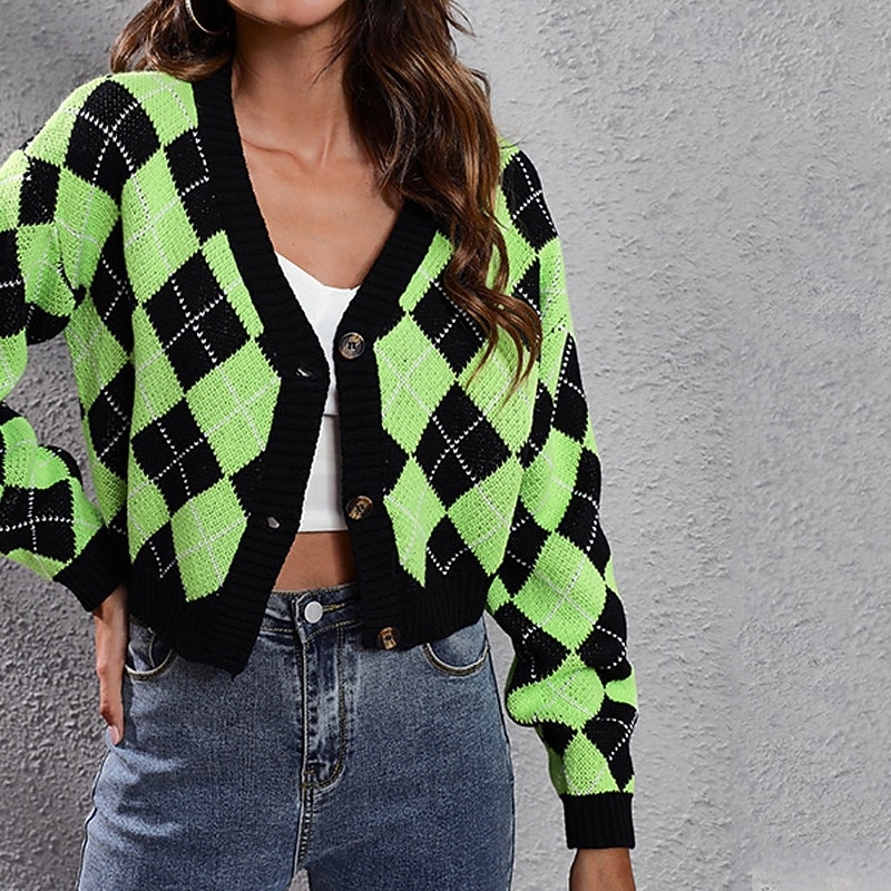 Women's Cardigan Casual Argyle Chunky V Neck Knitted Long Sleeve Regular Tops Knit Daily Holiday Going out Green Fall Winter