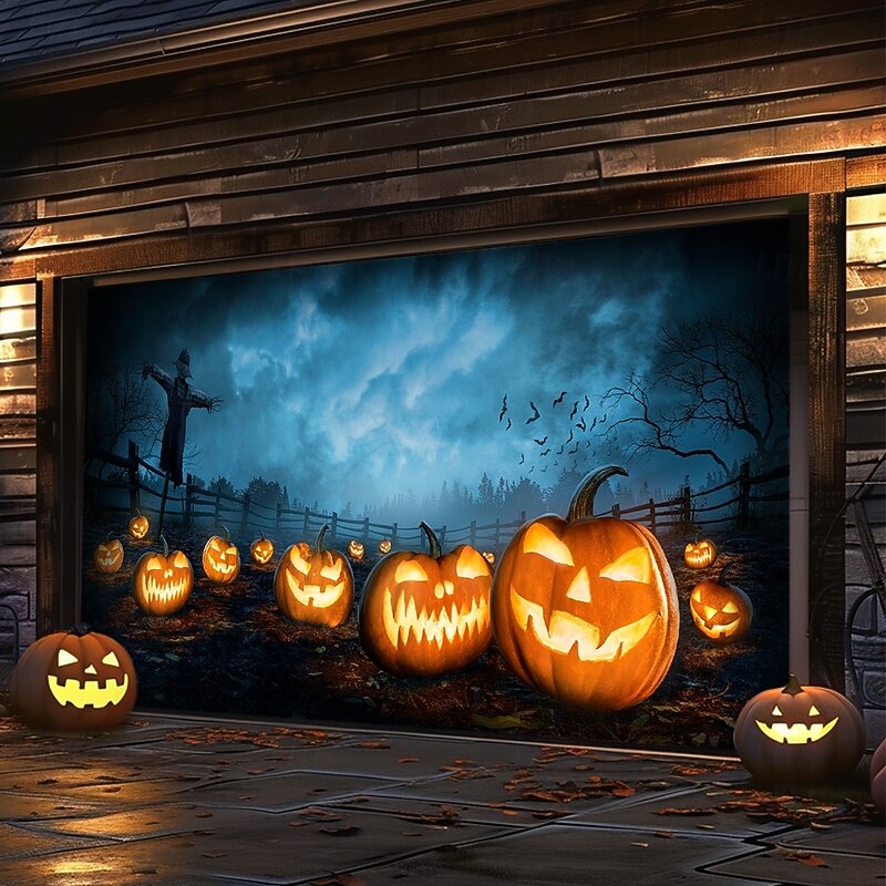 Halloween Garage Door Cover Banner Backdrop – Haunted Pumpkin Patch under Moonlight, Oversized Outdoor Decoration, Easy-Hang Design for 2025 Halloween Outdoor Decoration3