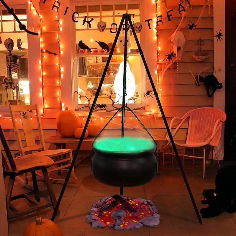 Witches Cauldron - Large Black Plastic Bowl on Tripod with Lights, Outdoor Halloween Decor Witch Pot Candy Bucket for Yard, Garden4