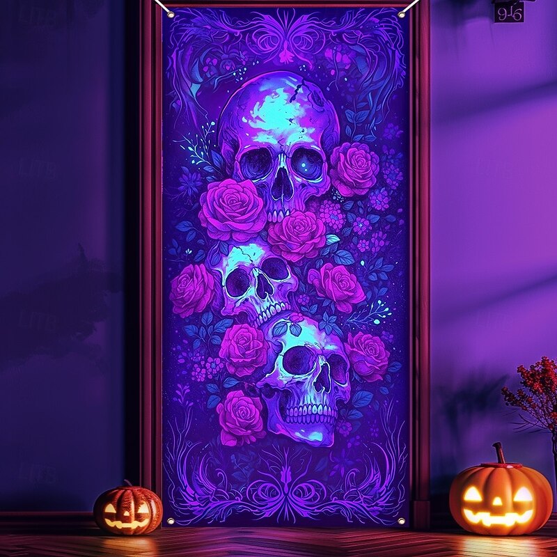 Halloween Door Cover Neon Skull and Roses Banner, Glowing Blacklight Entrance Decoration for Outdoor & Indoor 2025 Halloween Bedroom, Living Room, Bathroom3