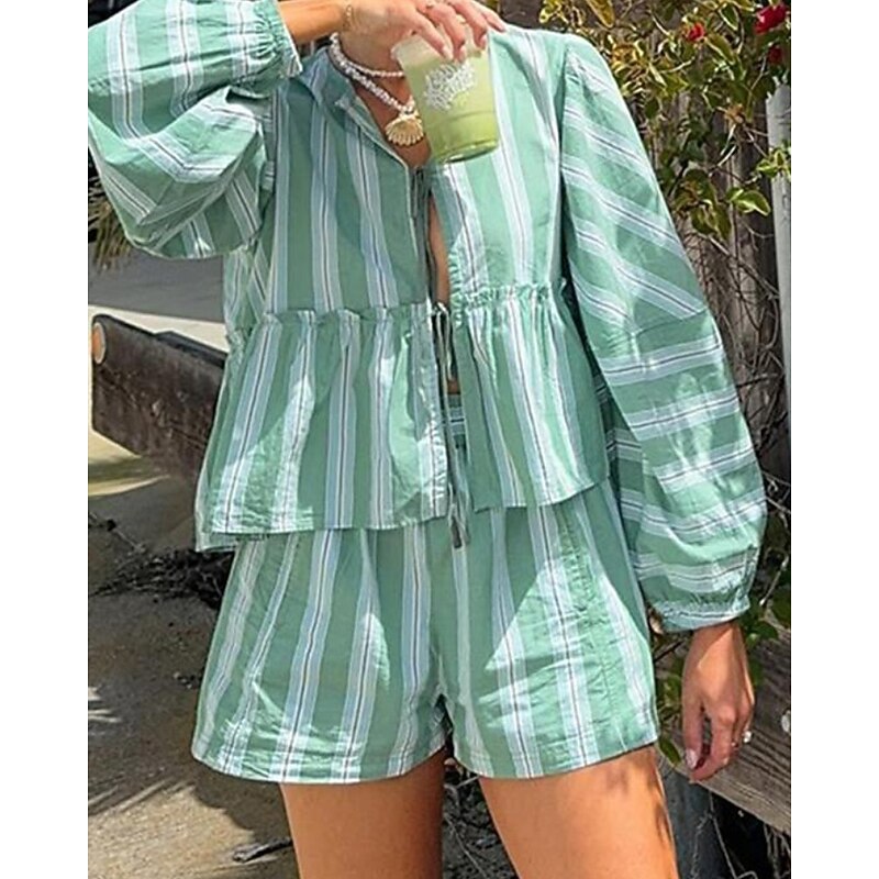 Women's Active Blouse Shorts Sets Long Sleeve V Neck Striped Ruched Outdoor Vacation Pink Green Fall Regular Fit