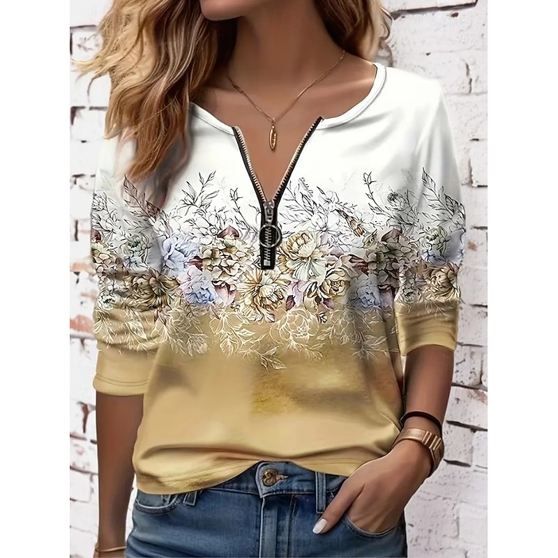 Easter Women's T shirt Long Sleeve Quarter Zip Long Sleeve Casual Floral Graphic Elegant Vintage Stylish V Neck Regular Tops Daily Yellow Pink Blue Orange Green  Spring Fall Prefall