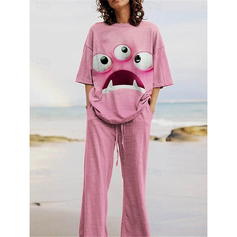 Women's Active Fashion Pants Sets 3/4 Length Sleeve Crew Neck 3D Print Print Vacation Daily Holiday Pink Purple Summer Regular Fit